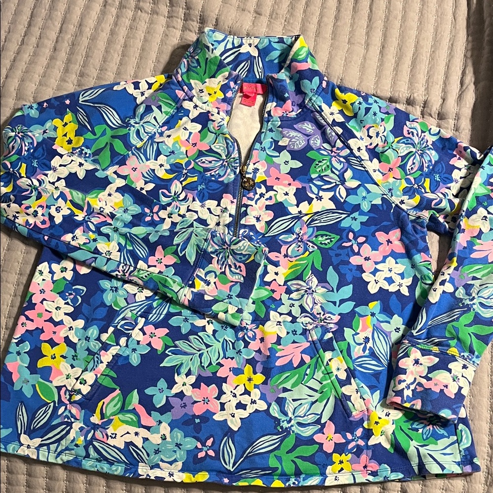 Lilly Pulitzer Floral Quarter-Zip Pullover in Bright Blue